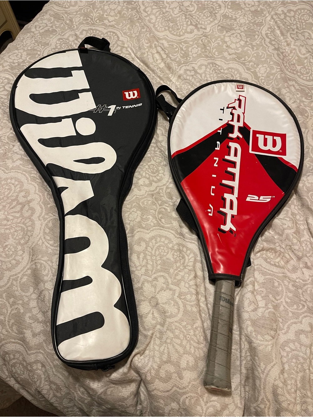 2 Wilson Tennis Rackets with carrying stripes and Cover - Red, Black, White